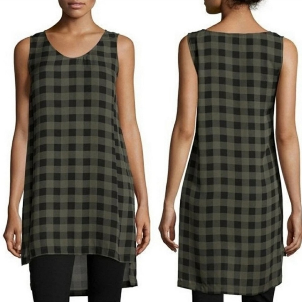 Eileen Fisher 100% Silk Buffalo Plaid Tunic Mini Shift Black Dress Size Medium